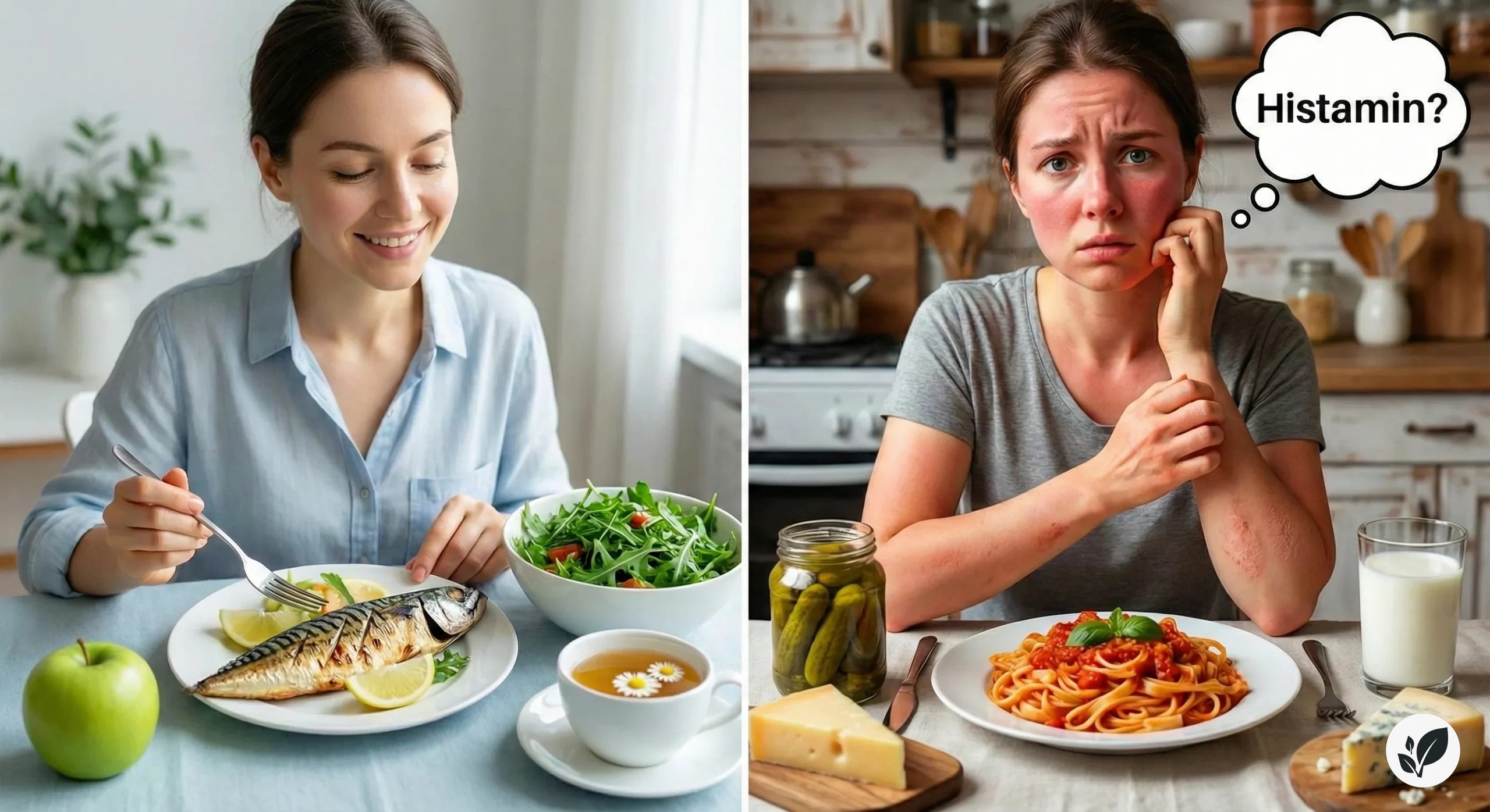 Solda düşük histamin diyetiyle taze uskumru yiyen mutlu kadın, sağda turşu ve domates yediği için yüzü kızarmış ve histamin intoleransı yaşayan kadın.
